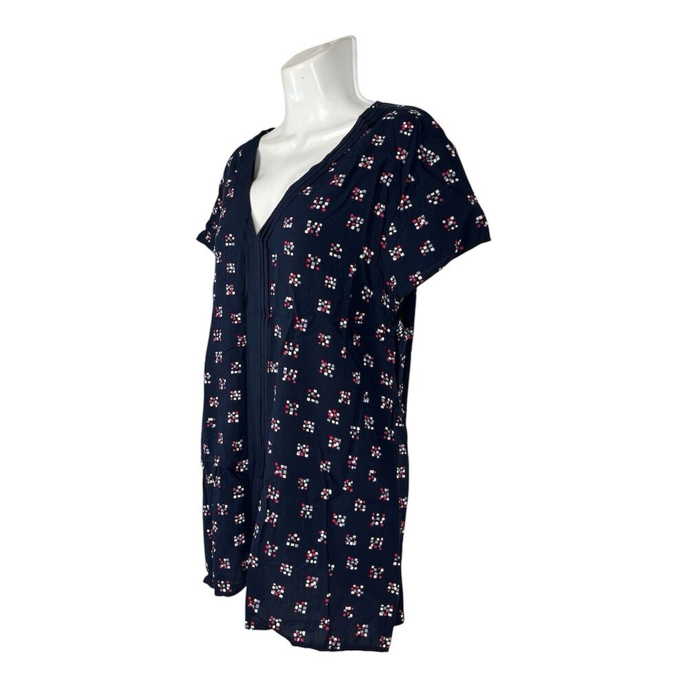 Tommy Hilfiger XXL Navy Pleated V-Neck Blouse Mosaic Print Short Sleeve Career - Picture 2 of 8
